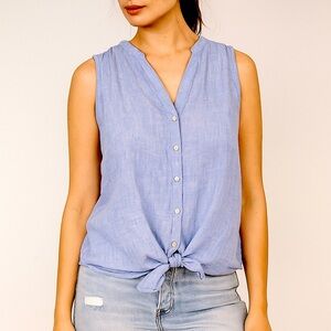 Christian Siriano 100% linen blue sleeveless tie front blouse medium